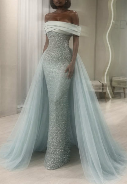 Off-the-Shoulder Beaded Gown with Tulle Overskirt