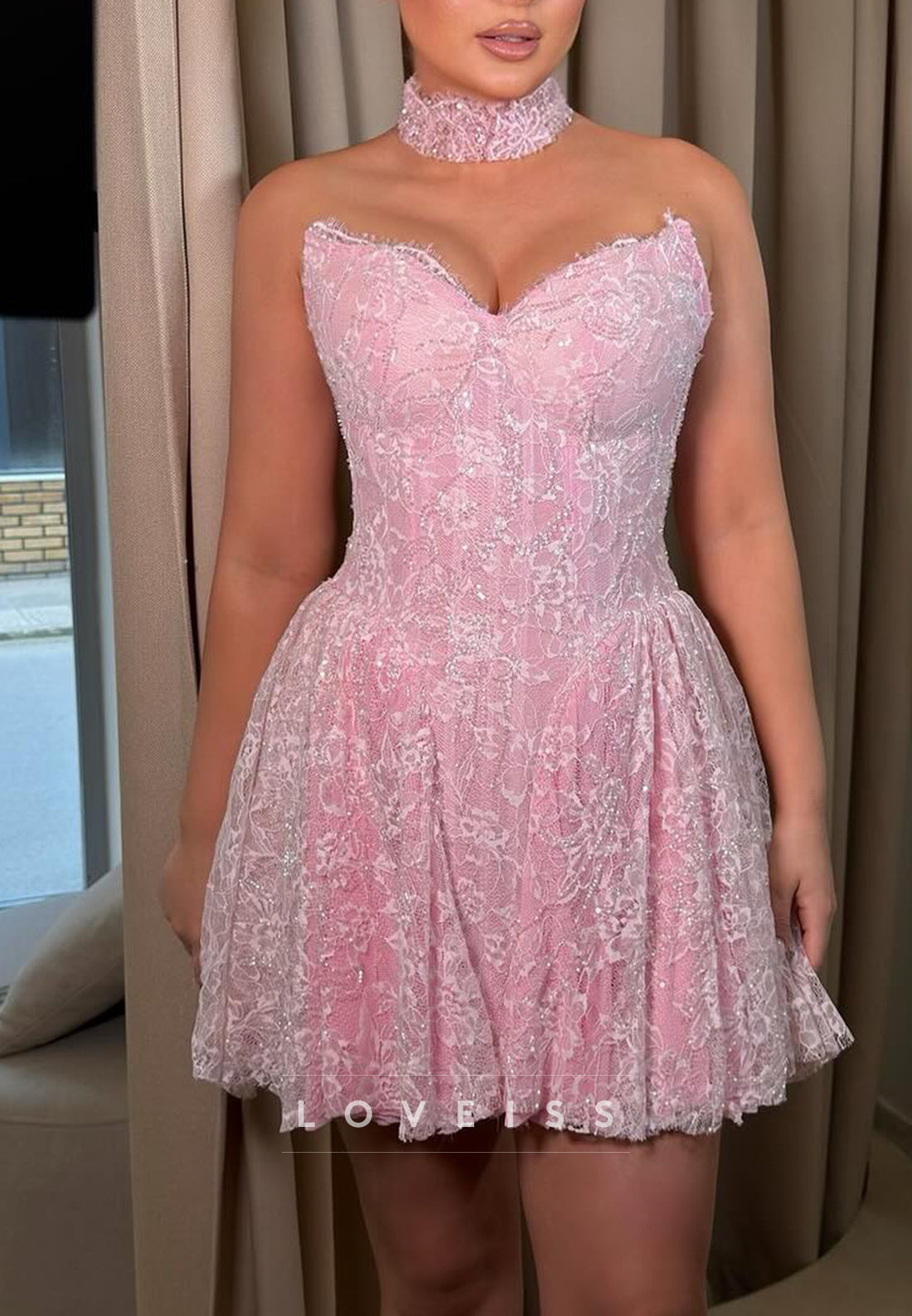 Strapless Lace Corset Mini Dress with Choker