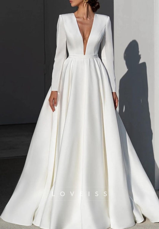 Deep V-Neck Long Sleeve Satin A-Line Wedding Dress