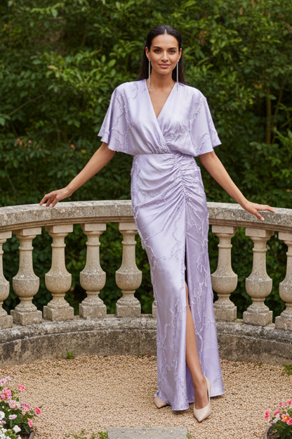 Textured Maxi Dress with Flutter Sleeves & Slit