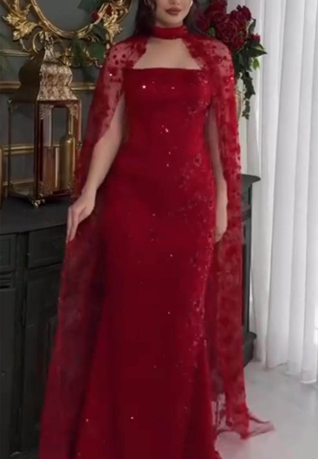 Sequin Cape Column Evening Gown