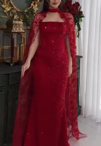 Sequin Cape Column Evening Gown