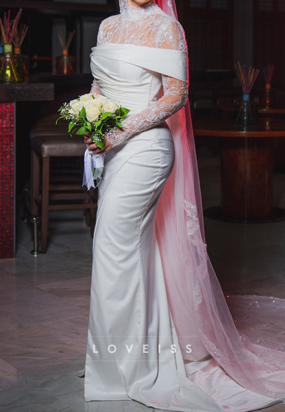 High-Neck Lace and Satin Sheath Wedding Dress