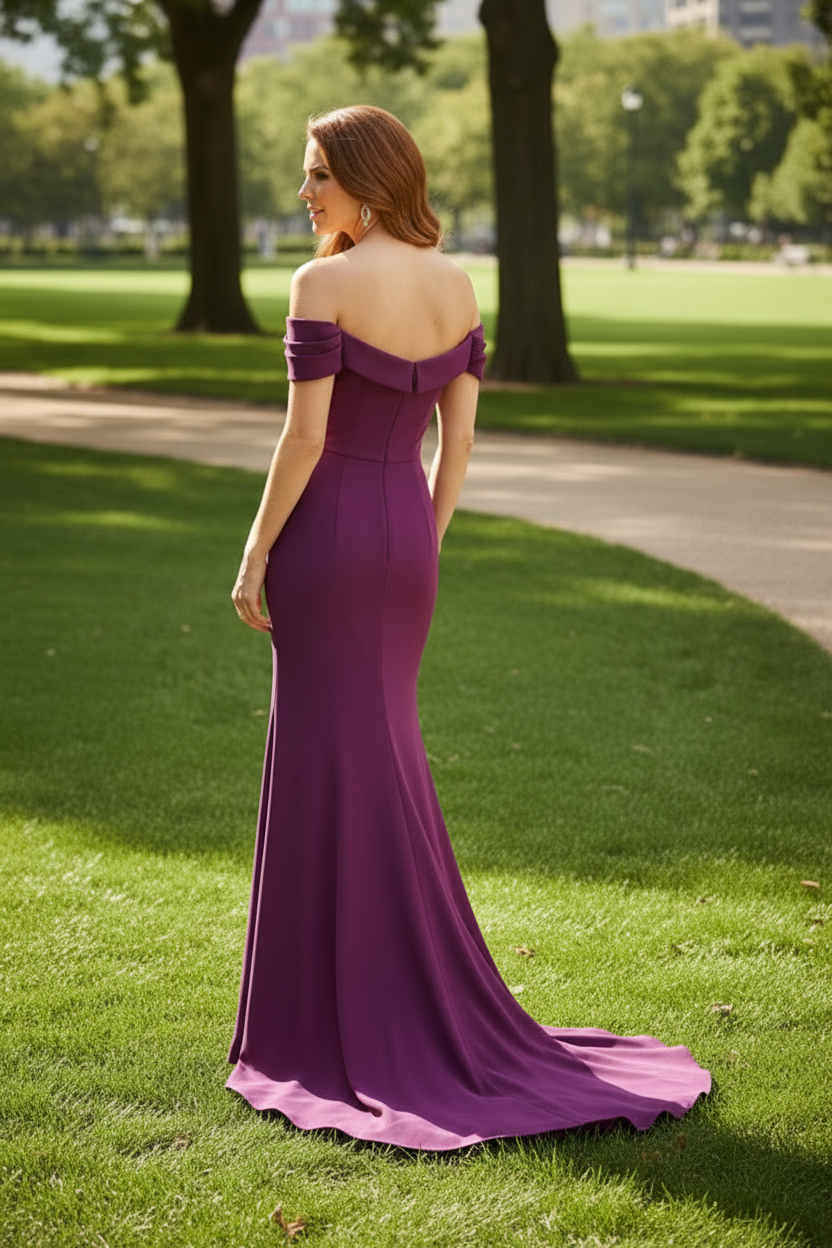 Off-Shoulder Pleated Sheath Evening Gown Cowl Back