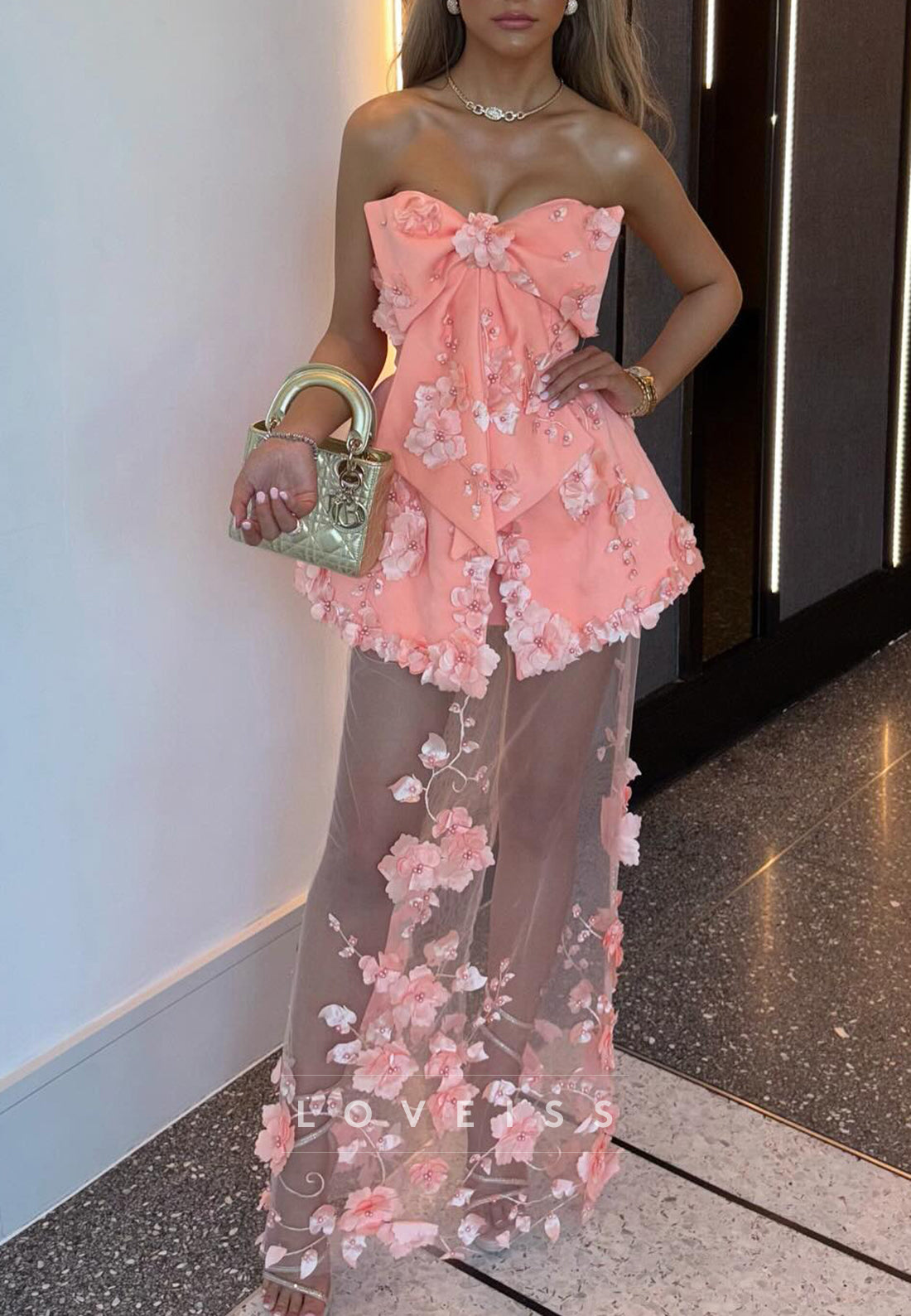 Strapless 3D Floral Maxi Dress with Bow