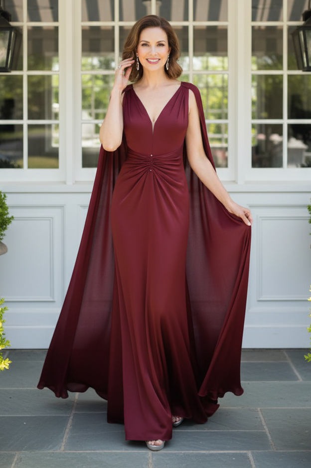 Satin V-Neck Evening Dress with Shoulder Drapes