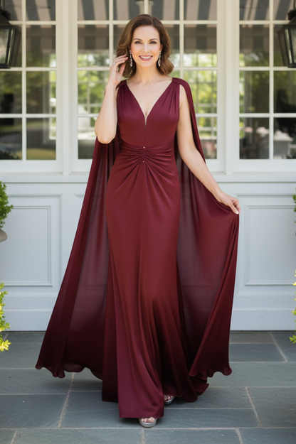 Satin V-Neck Evening Dress with Shoulder Drapes