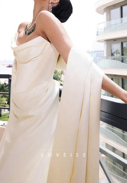 Strapless Cowl Satin Wedding Gown with Shawl