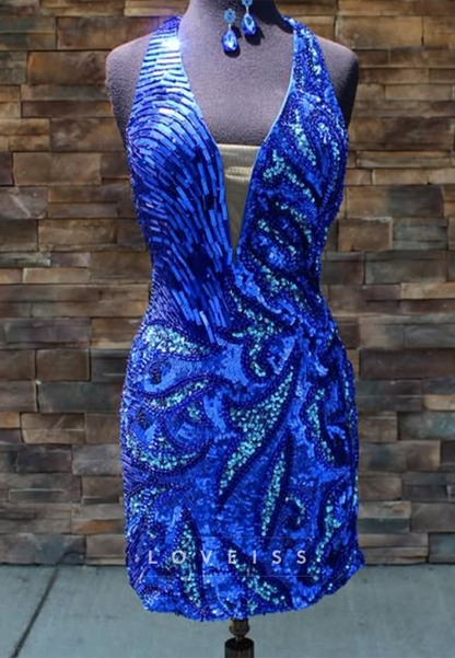 Halter Beaded and Sequined Bodycon Cocktail Dress