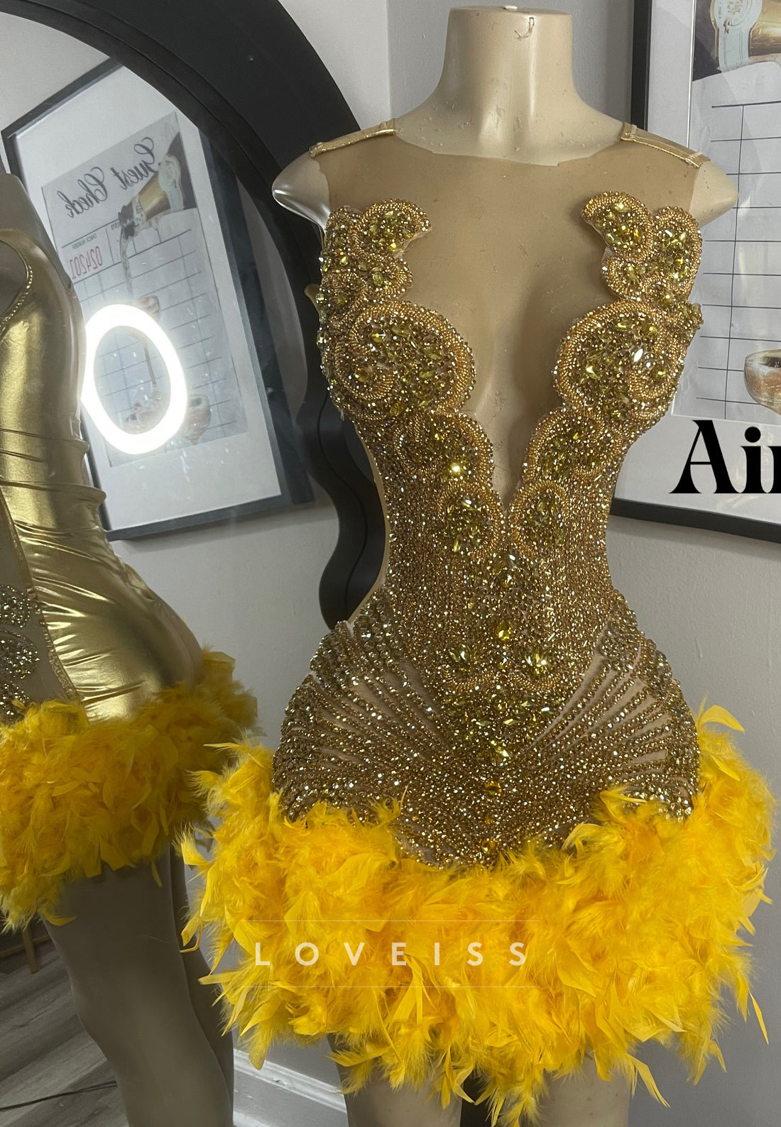 Beaded Illusion Feather Hem Mini Dress