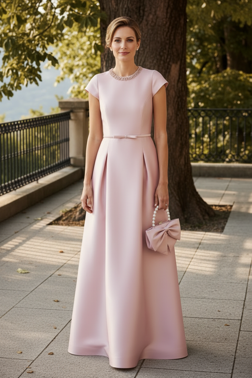 Beaded High Neck Satin A-Line Gown with Pockets