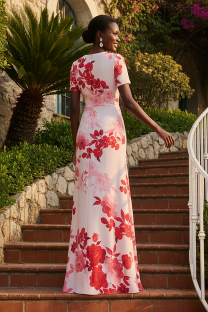Floral Print Short Sleeve Floor-Length Evening Gown