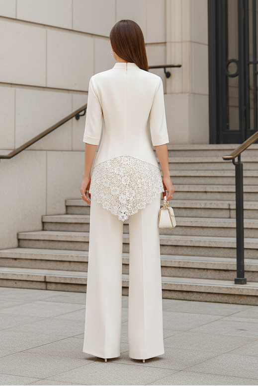 Elegant High Neck Lace Panel Pantsuit