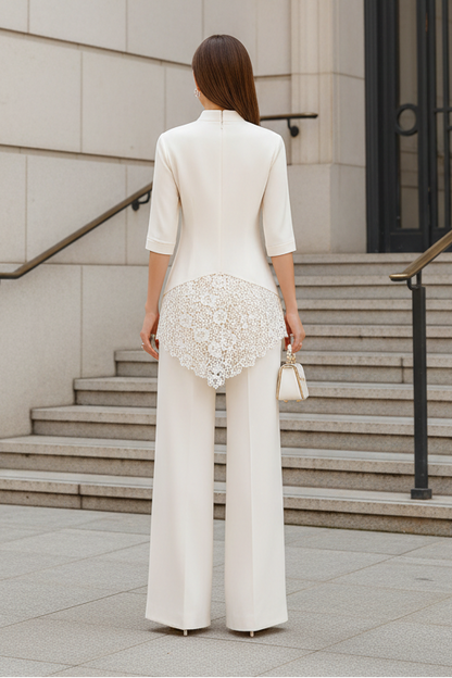 Elegant High Neck Lace Panel Pantsuit
