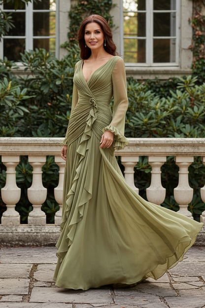 V-Neck Pleated Chiffon Gown with Cascading Ruffles