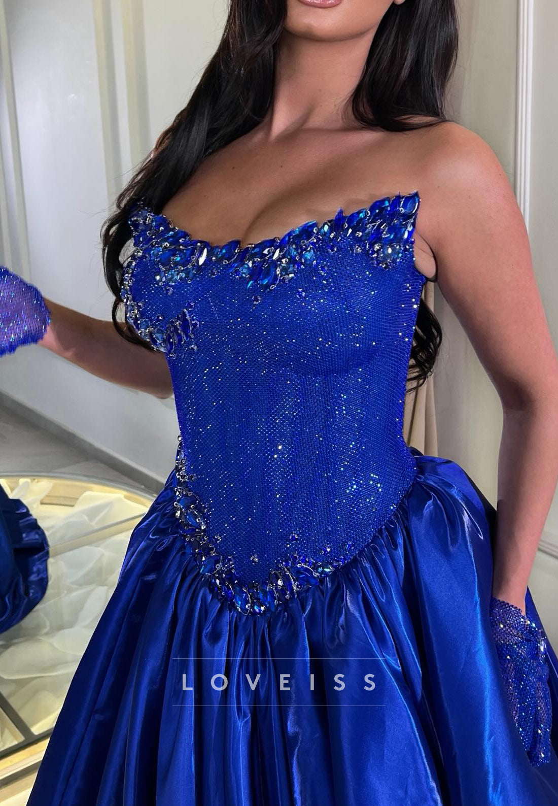 Beaded Strapless Ball Gown with Satin Skirt