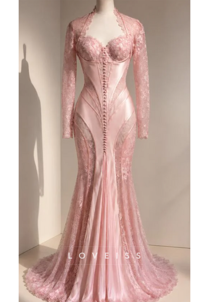 Lace Mermaid Gown with High-Neck Collar & Long Sleeves
