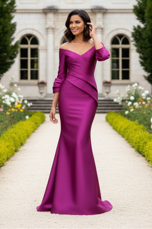 Off-the-Shoulder Pleated Satin Trumpet Gown