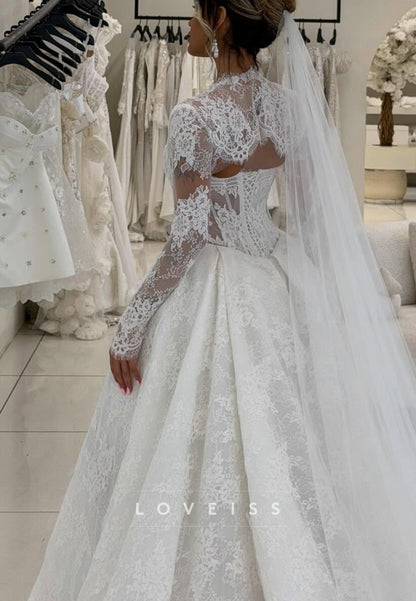 Long Sleeve Lace Ball Gown Wedding Dress with Corset