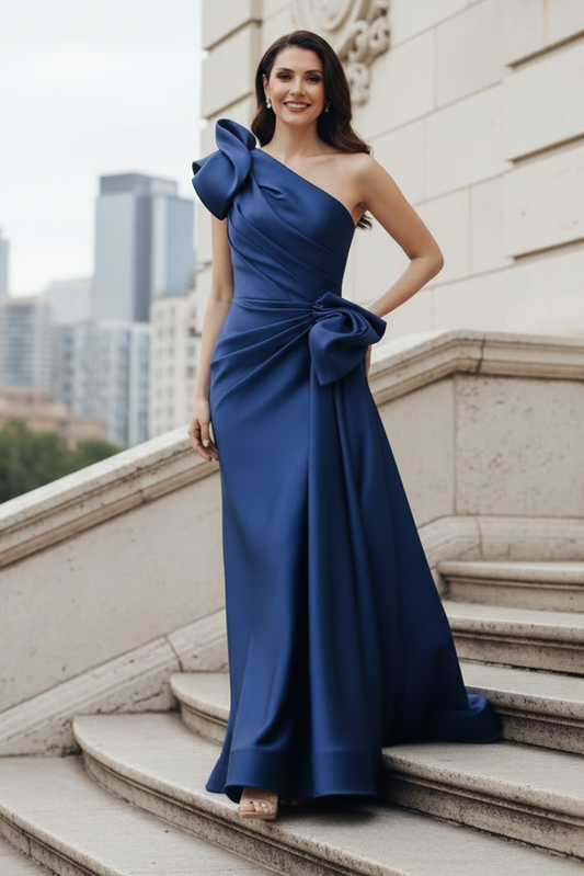 One-Shoulder Satin Draped Evening Gown