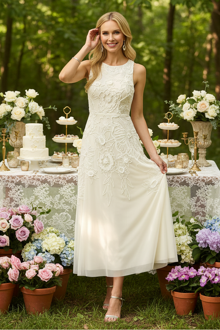 Sleeveless Embroidered Floral A-Line Midi Dress
