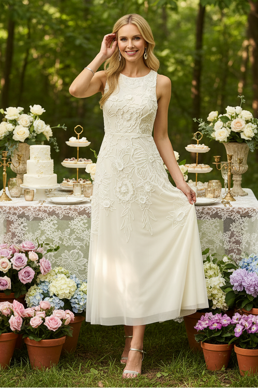 Sleeveless Embroidered Floral A-Line Midi Dress