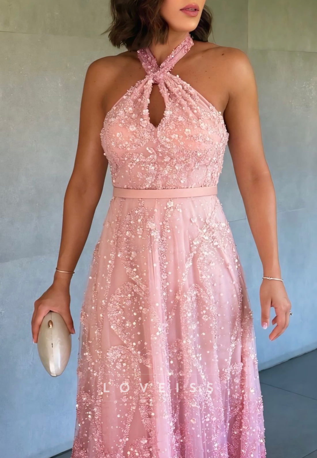 Halter Keyhole Sequin Ombre A-Line Evening Gown