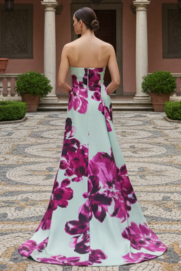Strapless Floral Print Gown with Side Drape