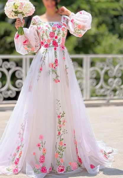 Floral Embroidered Tulle Gown with Puff Sleeves