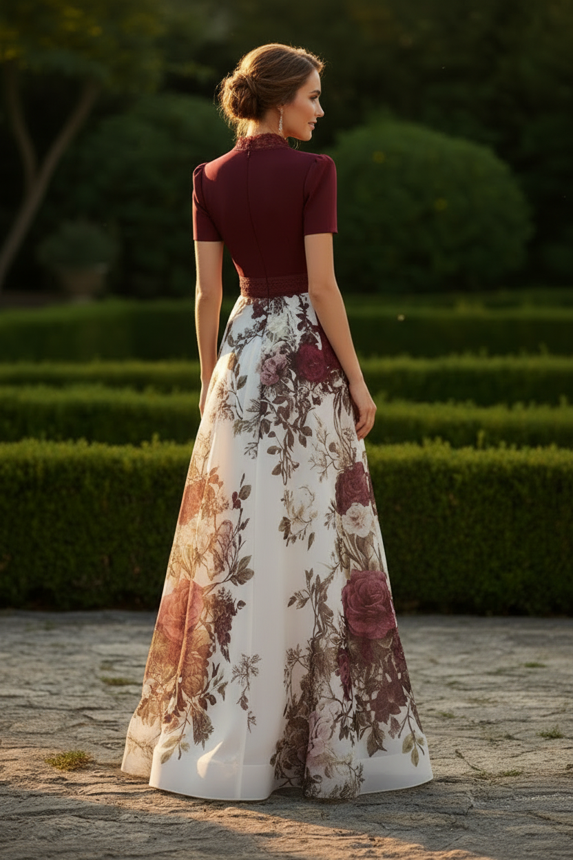 Floral Print Evening Gown with Lace Trim Neckline