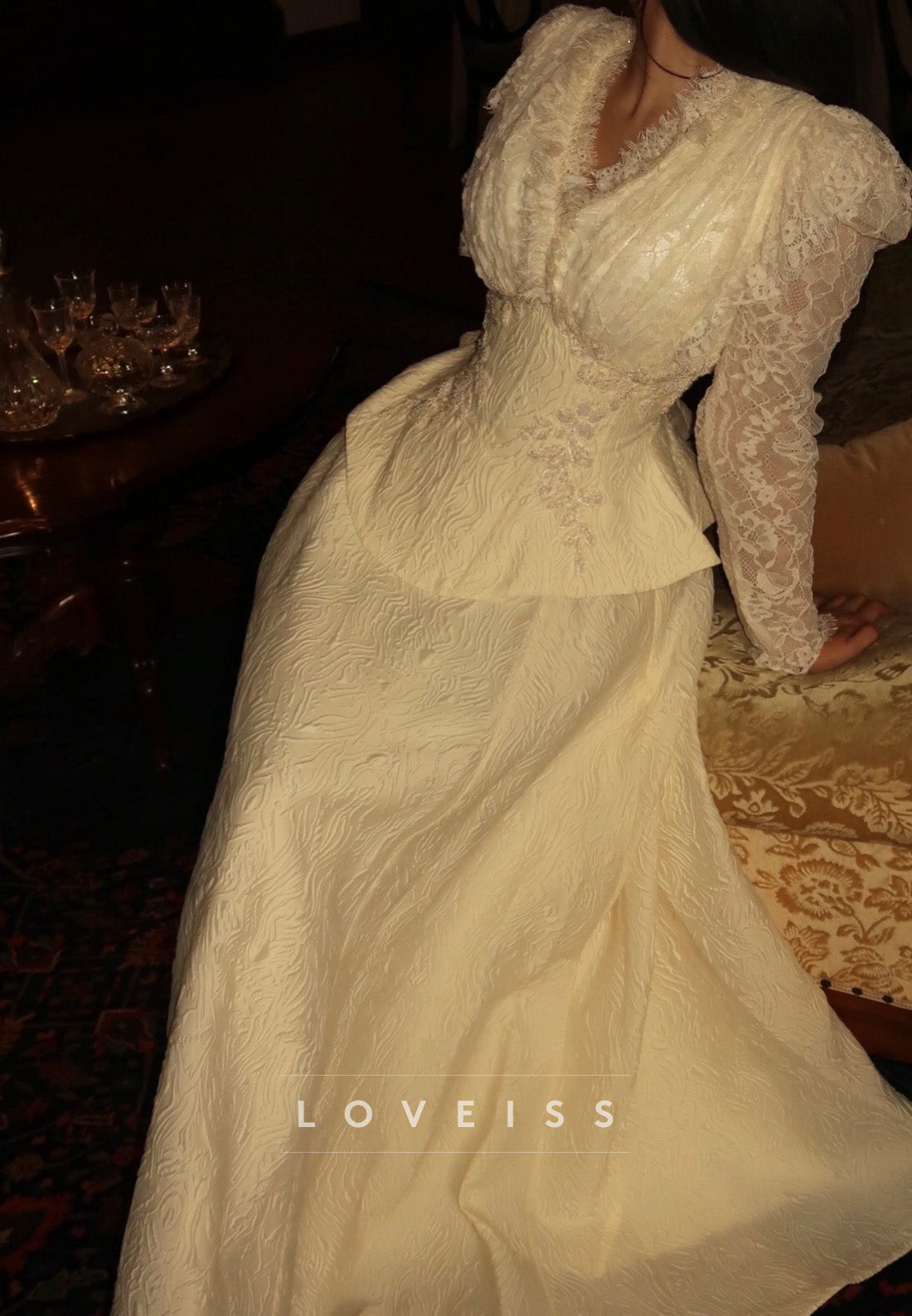 Jacquard Gown with Lace Bodice and Peplum