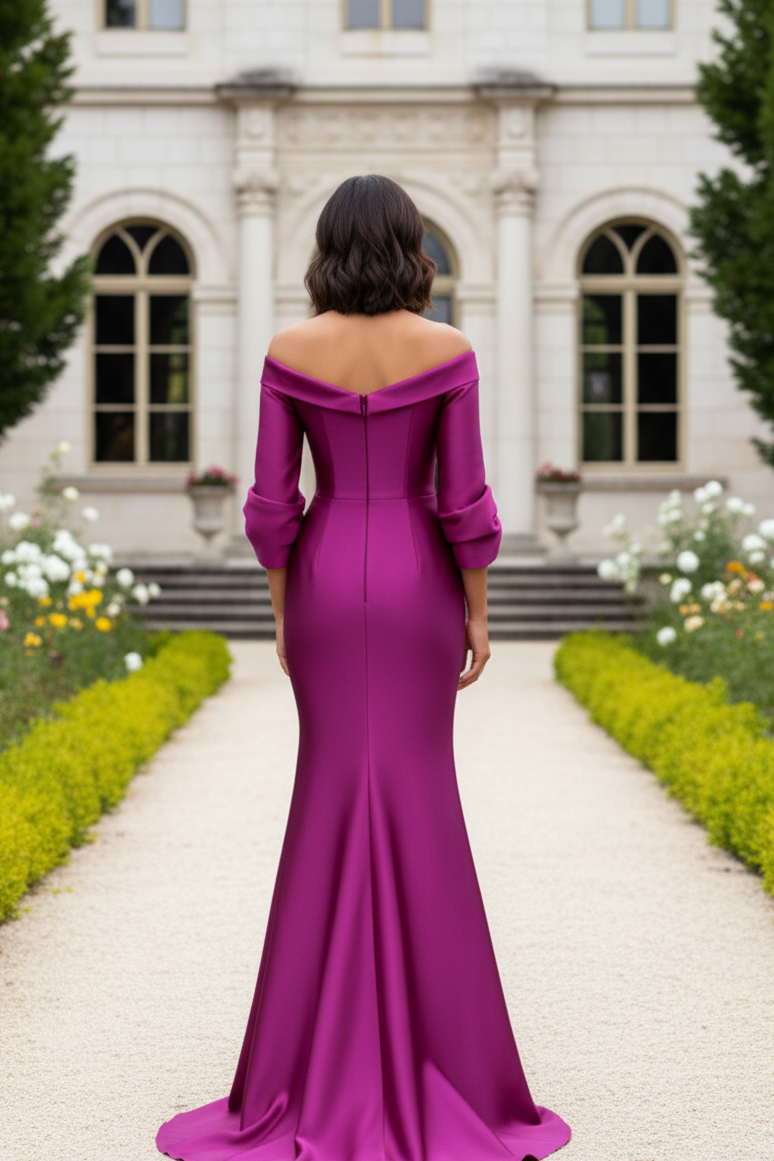 Off-the-Shoulder Pleated Satin Trumpet Gown