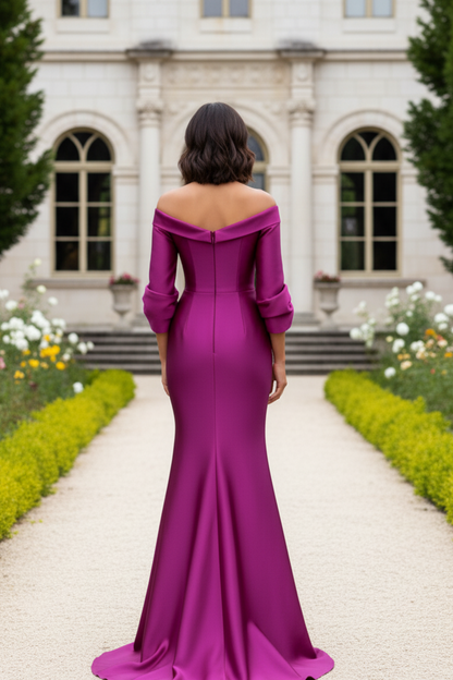Off-the-Shoulder Pleated Satin Trumpet Gown