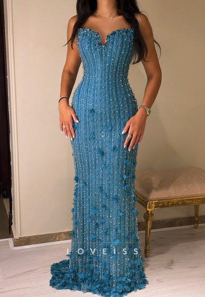 Strapless Beaded Column Gown with 3D Petals