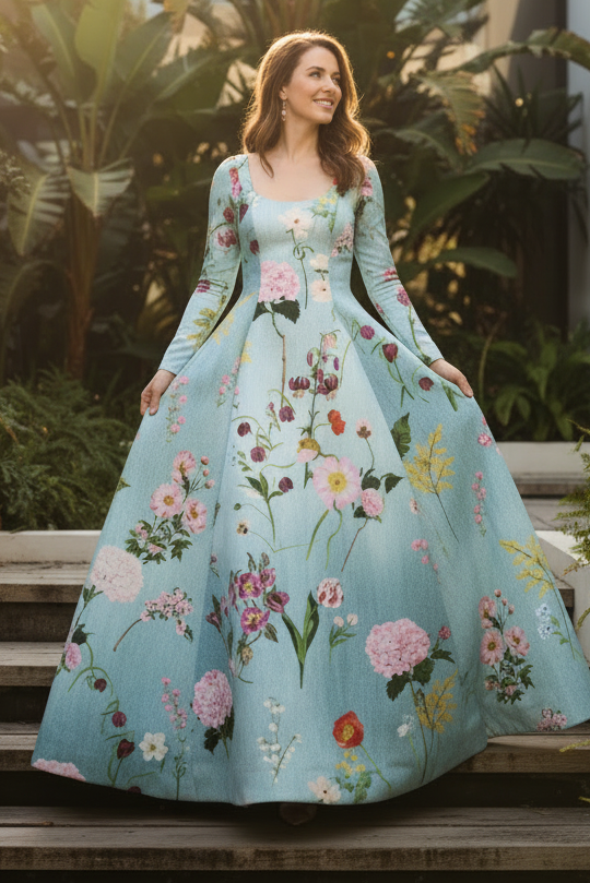 Floral Print Ball Gown with Scoop Neckline