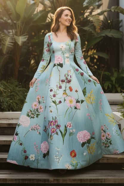 Floral Print Ball Gown with Scoop Neckline
