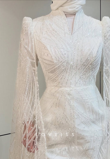 Beaded High Neck A-Line Wedding Dress with Cape