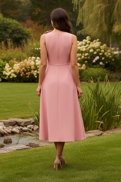 3D Floral Applique A-Line Midi Dress