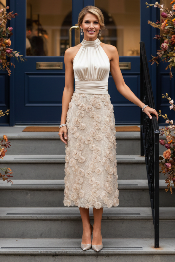 Halter Neck 3D Floral Satin Midi Dress