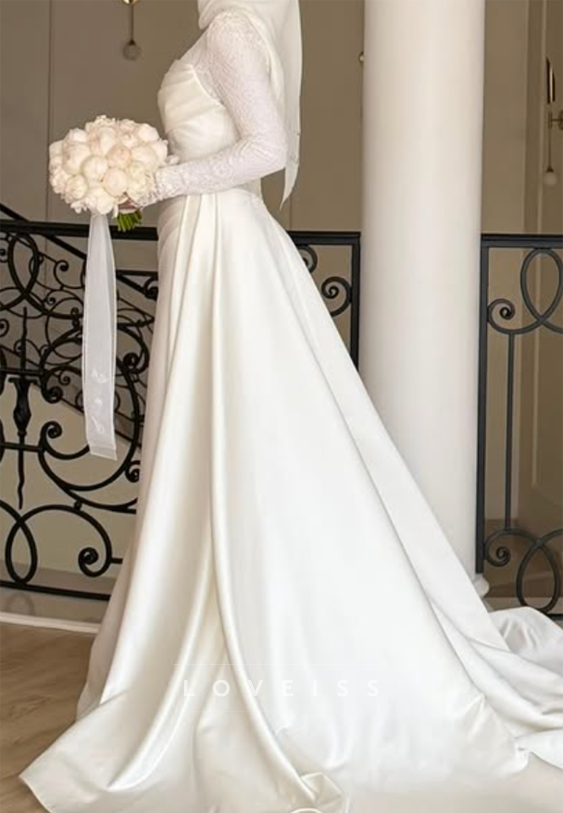 Illusion Lace High Neck Long Sleeve Wedding Gown