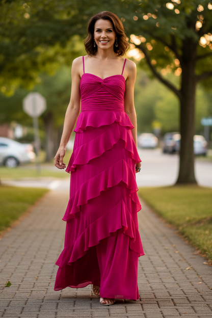 Tiered Ruffle Chiffon Maxi Dress with Ruched Bodice
