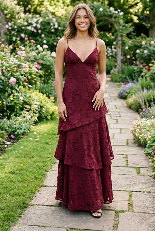 Tiered Floral Jacquard Maxi Dress with Tie Back