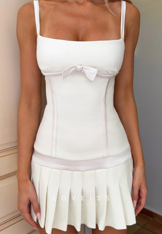 Pleated Skirt Mini Dress with Bow Detail
