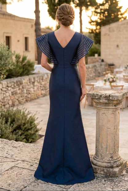 V-Neck Evening Gown with Flutter Sleeves & Cascading Ruffle
