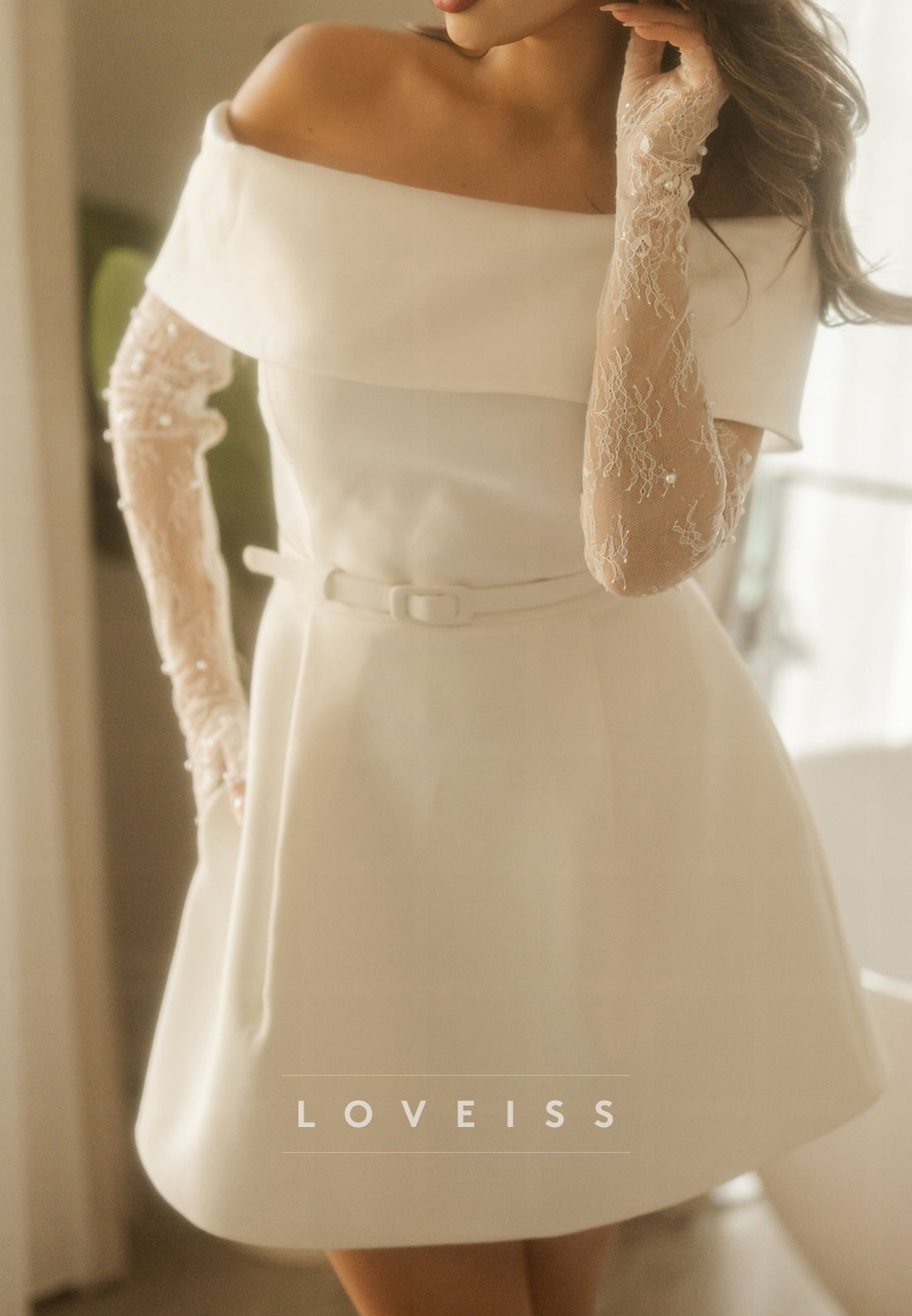 Off-the-Shoulder A-Line Bridal Mini Dress with Pockets