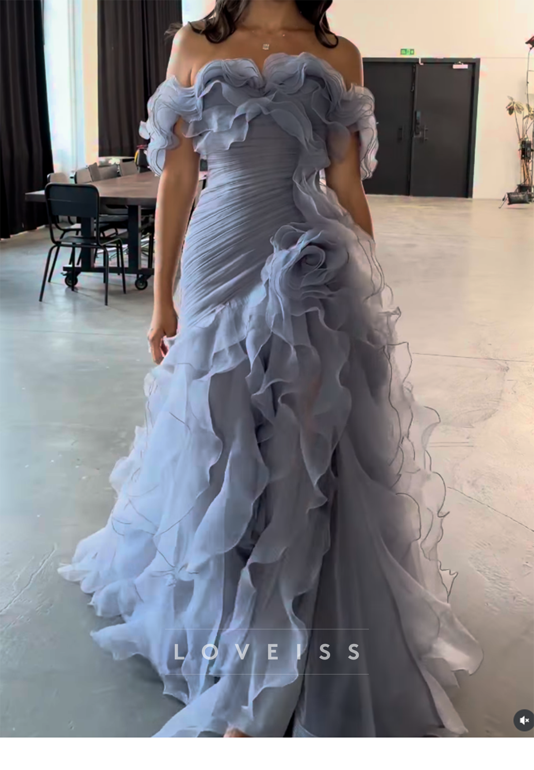Off-the-Shoulder Ruffled Organza Evening Gown