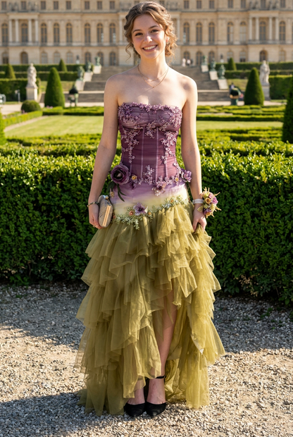 Strapless Corset Floral Appliqué Tiered Tulle Dress