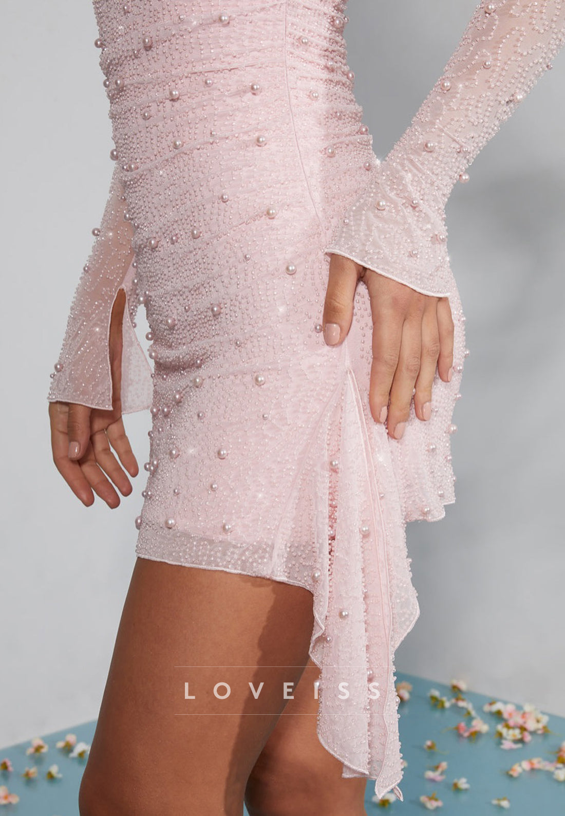 Ruched Pearl Long Sleeve Square Neck Mini Dress