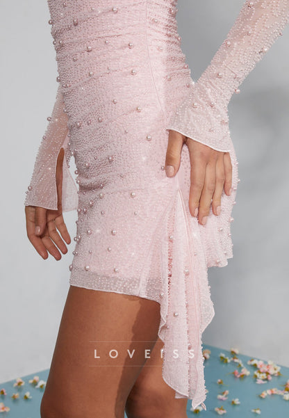 Ruched Pearl Long Sleeve Square Neck Mini Dress