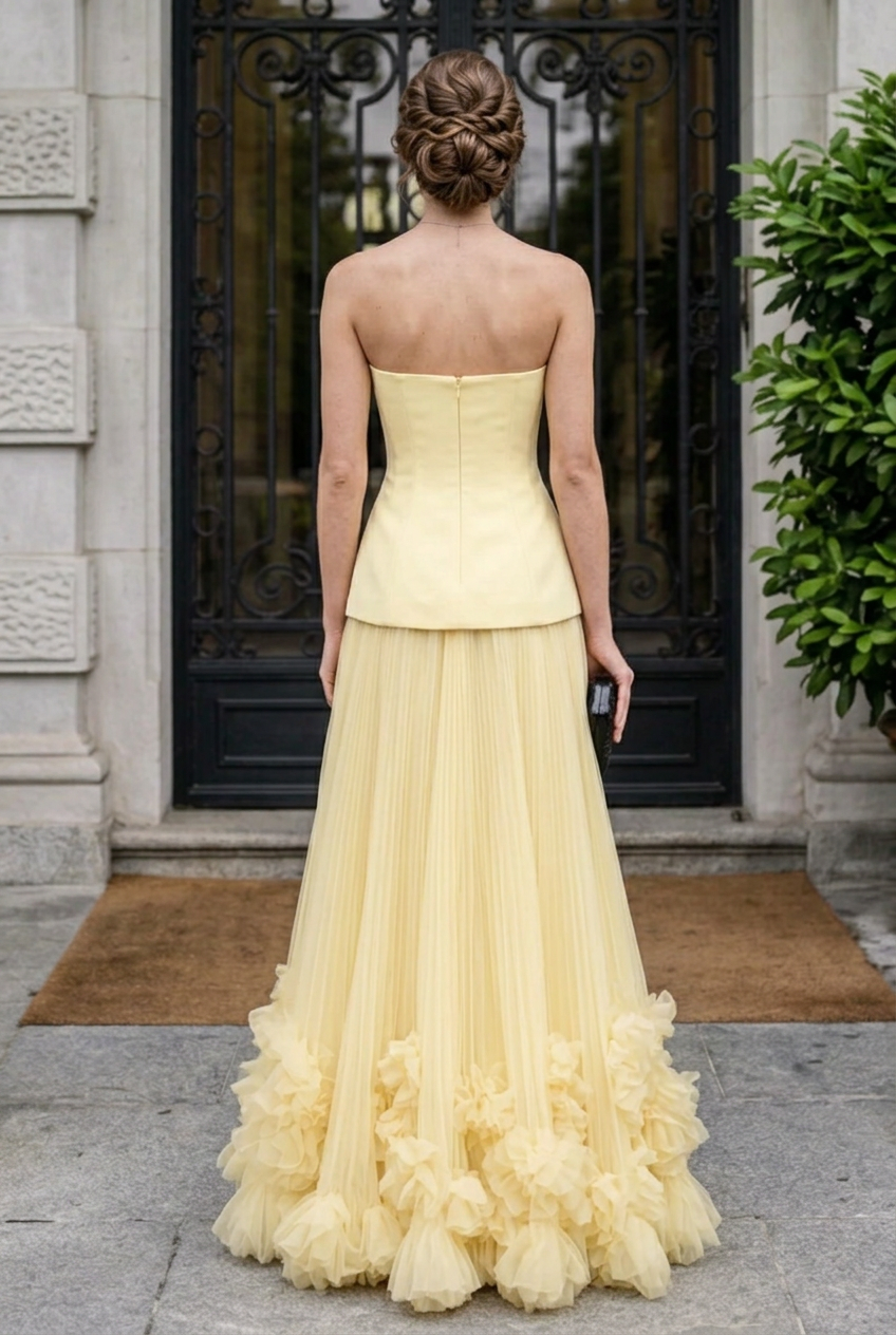 Strapless Drop-Waist Gown with Ruffled Tulle Skirt